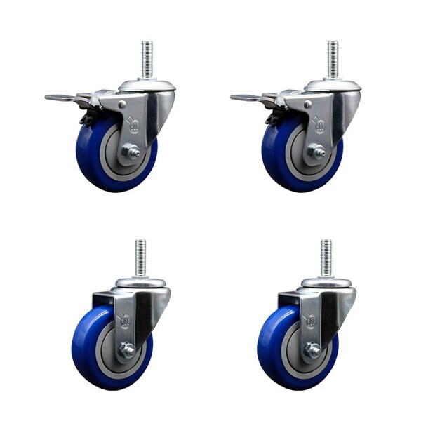 Service Caster 35 Inch Blue Polyurethane Swivel 34 Inch Threaded Stem Caster Set 2 Total Lock Brakes SCC-TSTTL20S3514-PPUB-BLUE-34212-2S2 - main